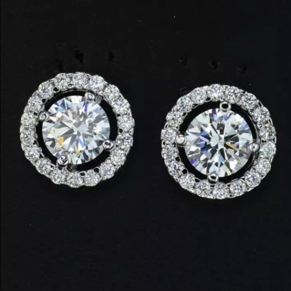 New Round Stud Diamond Sterling Silver Earrings - Picture 2 of 14
